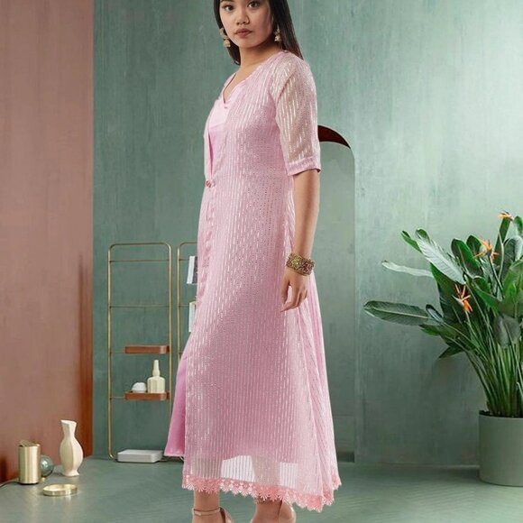 Pink Silver Layered Indo Western Dress | Muvvas Boutique - Picture 4 of 5